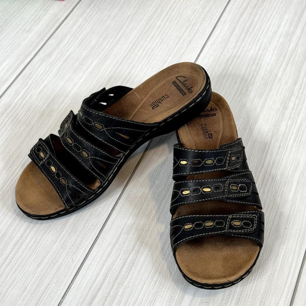Clarks Collection Black Leather Slide Sandals Cus… - image 1